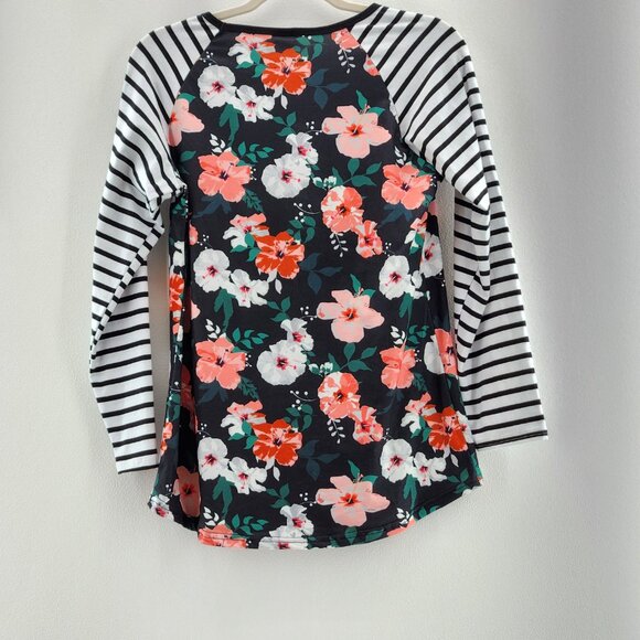 Floral Raglan Baseball Tee Striped Long Sleeve Black Pink Women’s Size L So Soft - Picture 2 of 13